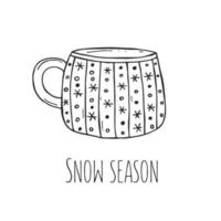 Cup of tea or coffee on a white background. Vector illustration in doodle style. Winter mood. Hello 2023. Merry Christmas and Happy New Year.