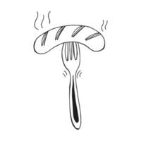 Oktoberfest 2022 - Beer Festival. Hand-drawn Doodle outline bavarian sausage on a fork on a white background. German Traditional holiday. vector