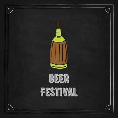 Oktoberfest 2022 - Beer Festival. Hand-drawn Doodle Elements. German Traditional holiday. Glass bottle of beer on a black chalk board with lettering.