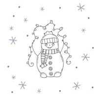 lindo muñeco de nieve con copos de nieve morados y rosas sobre un fondo blanco. ilustración vectorial en estilo garabato. estado de ánimo de invierno. hola 2023. feliz navidad y próspero año nuevo. vector