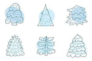 A set of hand-drawn christmas trees. Vector illustration in doodle style. Winter mood. Hello 2023. Merry Christmas and Happy New Year. Blue elements on a white background.