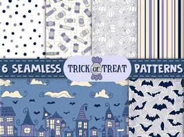 6 seamless patterns. Halloween - October 31. Hand-drawn doodle illustration. Trick or treat. Happy Halloween 2022. vector