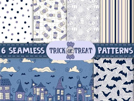 6 seamless patterns. Halloween - October 31. Hand-drawn doodle illustration. Trick or treat. Happy Halloween 2022.