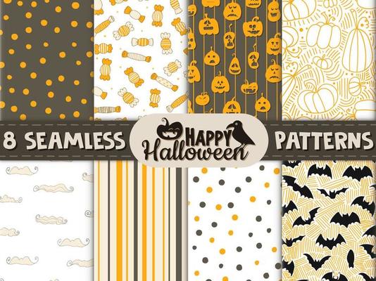8 seamless patterns. Halloween - October 31. Hand-drawn doodle illustration. Trick or treat. Happy Halloween 2022.