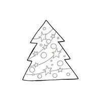 A hand-drawn christmas tree. Vector illustration in doodle style. Winter mood. Hello 2023. Merry Christmas and Happy New Year. Black and gray element on a white background.