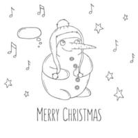 Cute snowman with stars and notes on a white background. Vector illustration in doodle style. Winter mood. Hello 2023. Merry Christmas and Happy New Year.