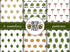 Set of seamless patterns. Oktoberfest 2022 - Beer Festival. Hand-drawn Doodle elements. German Traditional holiday. Color patterns with a round logo, beer mugs and text. vector