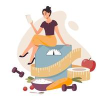 concepto de nutricionista. programa de perdida de peso. una niña está sentada en una escala con una cinta métrica. ilustración vectorial plana vector