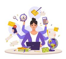 Multitasking, personal productivity. A multitasking business woman at a laptop, busy working in the office. A busy girl who has a lot of hands to do multiple tasks at the same time. Freelance worker. vector