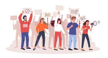 Protesting people at a rally, parade or political meeting. A crowd of angry people with placards and a megaphone is protesting. Protest. Flat vector illustration.