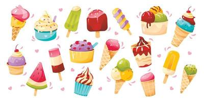 el helado es un conjunto grande. iconos vectoriales de diferentes tipos de helado. cartel de verano brillante con comida dulce. una colección de elementos de scrapbooking para una fiesta de verano. vector