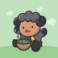 Illustration of a cute black sheep eating a bowl of grass vector