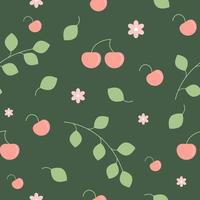 seamless pattern cherry on a dark green background vector