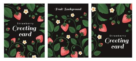 A set of cards with strawberry stems, berries and small flowers. Postcards with strawberries. Fruit background.