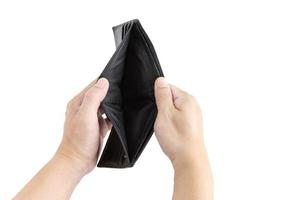 Hand of an Asian man with an open wallet blank on isolated or cutout white background with a clipping path. Concept of economic crisis or no money. photo