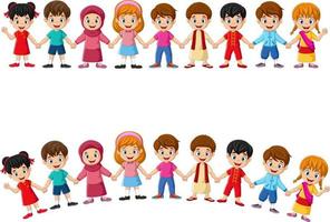 Cartoon group of multiethnic children holding hands vector