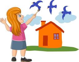 Cute little girl painting birds, clouds and house on the wall