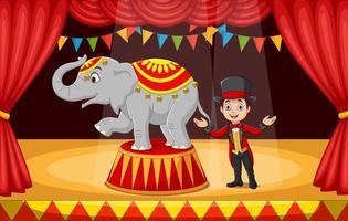 domador de circo de dibujos animados con elefante en el escenario vector