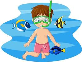 niño pequeño de dibujos animados buceando bajo el agua con peces tropicales vector