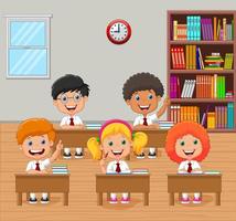 Cartoon school kids raising hand in the classroom