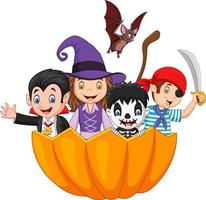 Cartoon kids with Halloween costume inside pumpkin basket
