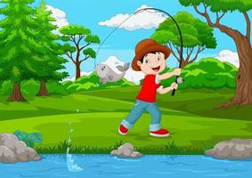 Little boy fishing on the lake vector