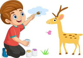 Cute little boy drawing cloud, deer, butterfly and grass on the wall vector