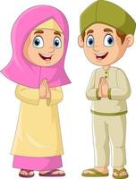 feliz, musulmán, niña, y, niño, caricatura vector