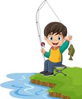 niño pequeño de dibujos animados pescando en el lago vector