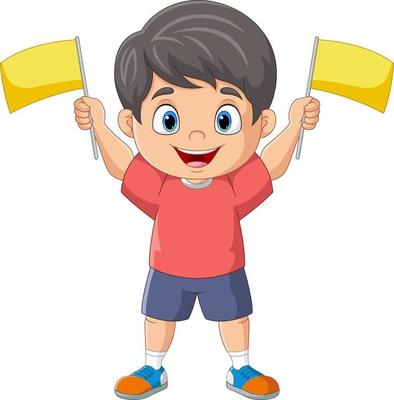 Cartoon boy holding yellow blank flags