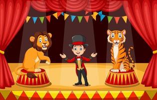 artistas de circo de dibujos animados con domador y animales en la arena del circo vector