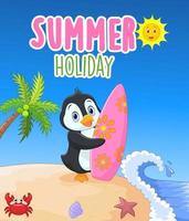 Happy penguin cartoon holding surfboard vector