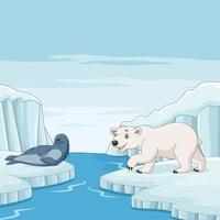 sello de dibujos animados con oso polar en el fondo ártico vector