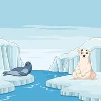 Cartoon seal with polar bear in arctic background