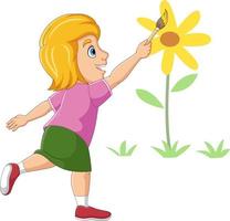 Cute little girl painting and drawing flower on the wall vector