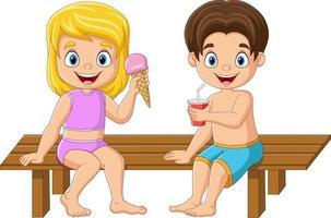 Little girl and boy eating ice cream and soda drink vector