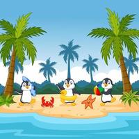 Three cartoon penguins on a tropical island vector