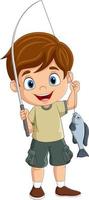 Cartoon happy little boy fishing vector