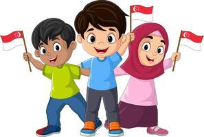 Group of children holding Singapore flag vector