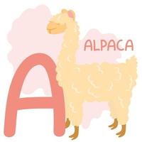 Alphabet with characters. A letter is alpaca. Hand drawn vector illustration. Suitable for website, stickers, greeting cards, children's products.