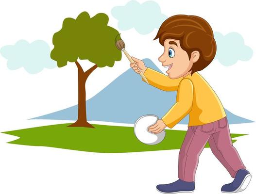 Cute little boy painting tree, clouds and mountain on the wall