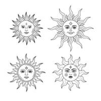 Set of celestial suns with face and opened eyes, stylized drawing, tarot card. vector