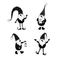Cute black and white gnomes in santa hats on white background. Scandinavian christmas elves. vector