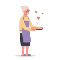 Granny in glasses holding a berry pie vector