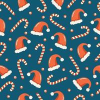 Seamless Christmas pattern with lollipops candy and santa Claus hats vector