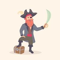 ilustración vectorial de pirata con viejo cofre del tesoro y espada vector