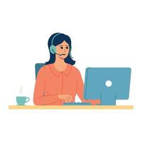 Customer service. Woman with headphones and microphone with computer.