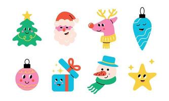 Christmas elements set with cute characters vector