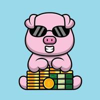 lindo cerdo con gafas sentado con dinero y dibujos animados de oro vector icono ilustración. concepto de icono de negocio animal aislado vector premium