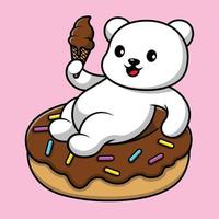 Cute Polar Bear Sitting On Doughnut Holding Ice Cream Cartoon Vector Icon Illustration. Animal Food Icon Concept Isolated Premium Vector